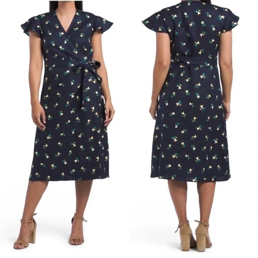 New Draper James Floral Wrap 100% Linen Midi Dress Nassau navy size 2